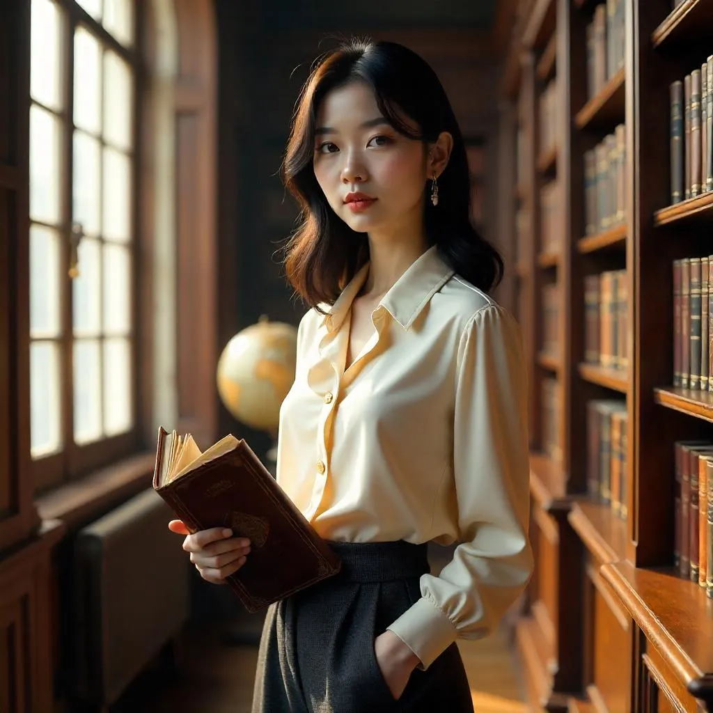 Photorealistic Asian Woman in a Library