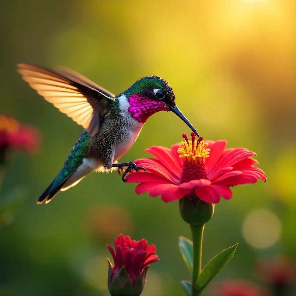 Anna's Hummingbird in a Red Flower Garden