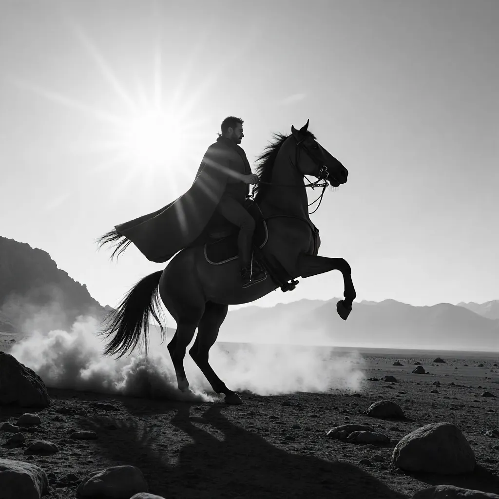 Monochrome Rearing Rider in Stark Landscape