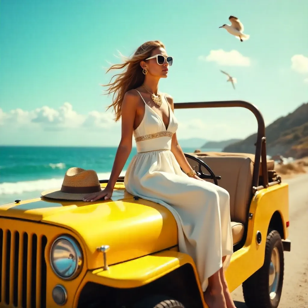 Coastal Chic: Woman on a Yellow Jeep in Sunlit Beach
