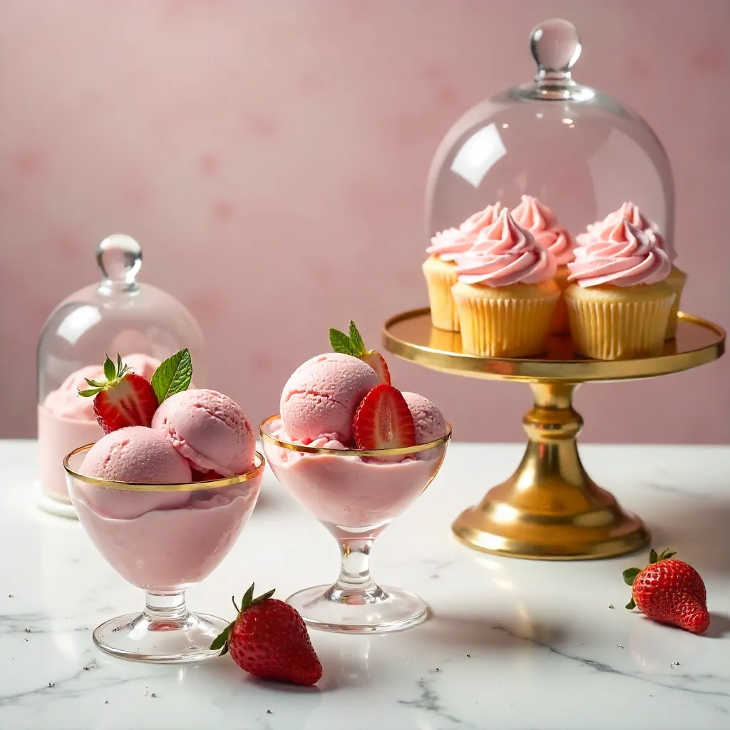 Elegant Strawberry Ice Cream and Sparkling Cupcake Display