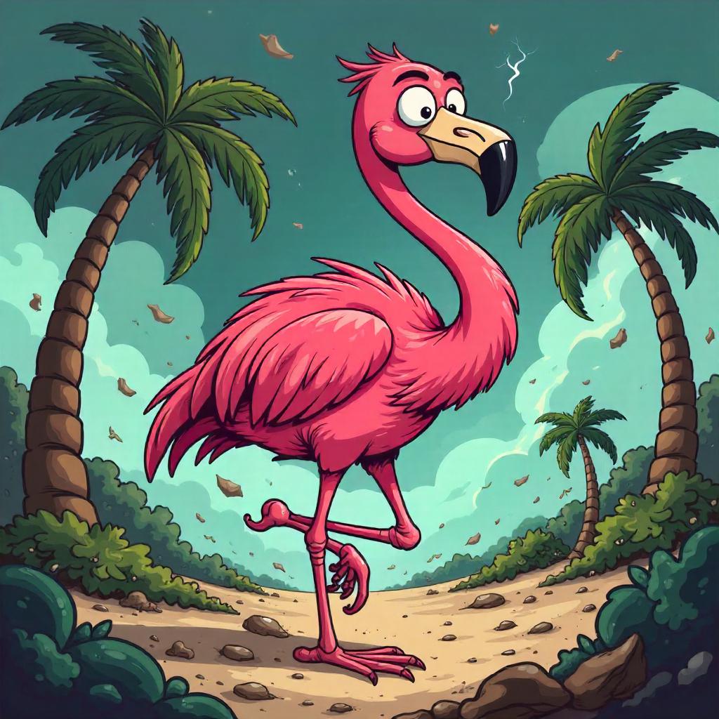 Cartoon Flamingo Survives a Whirlwind Tornado Adventure