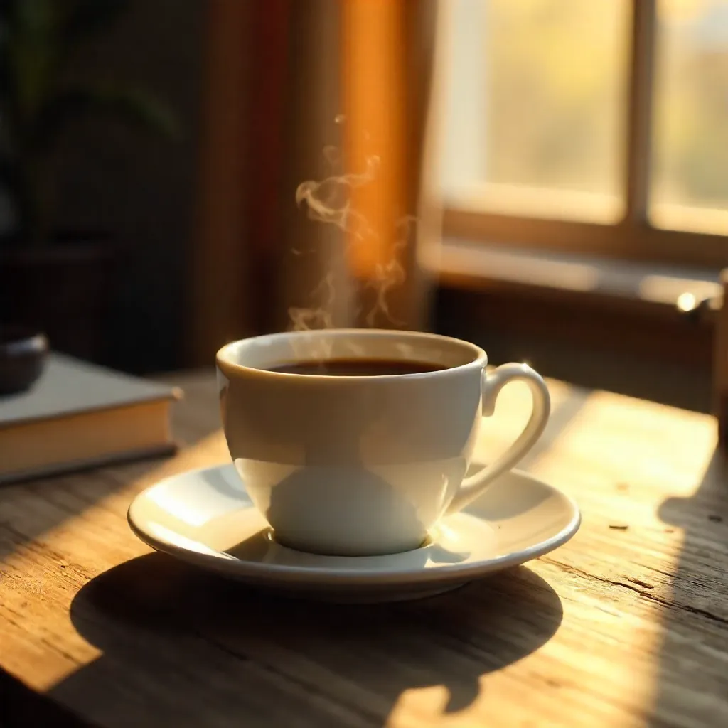 Golden Hour Tranquil Coffee in White Cup