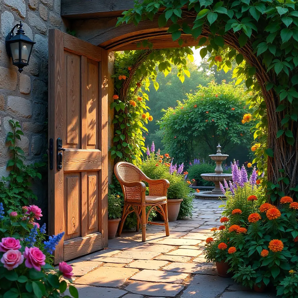 Rustic Door to a Sunlit Floral Garden Patio
