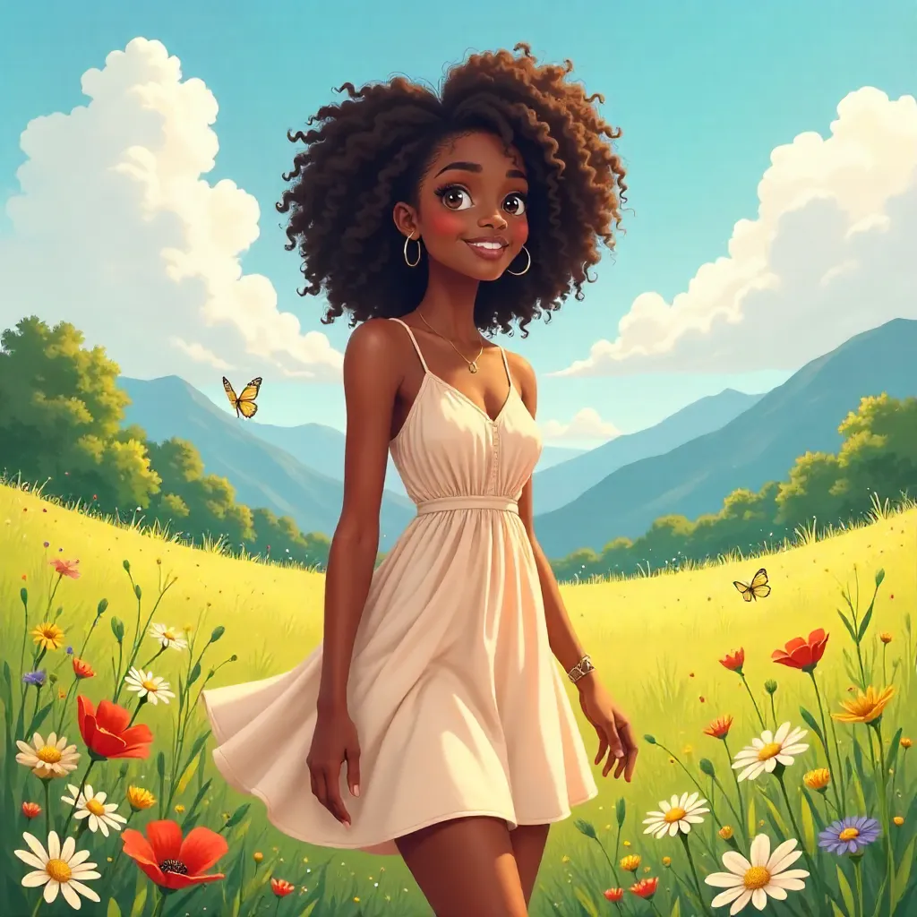 Meadow Serenade: Black Woman in Anime Style