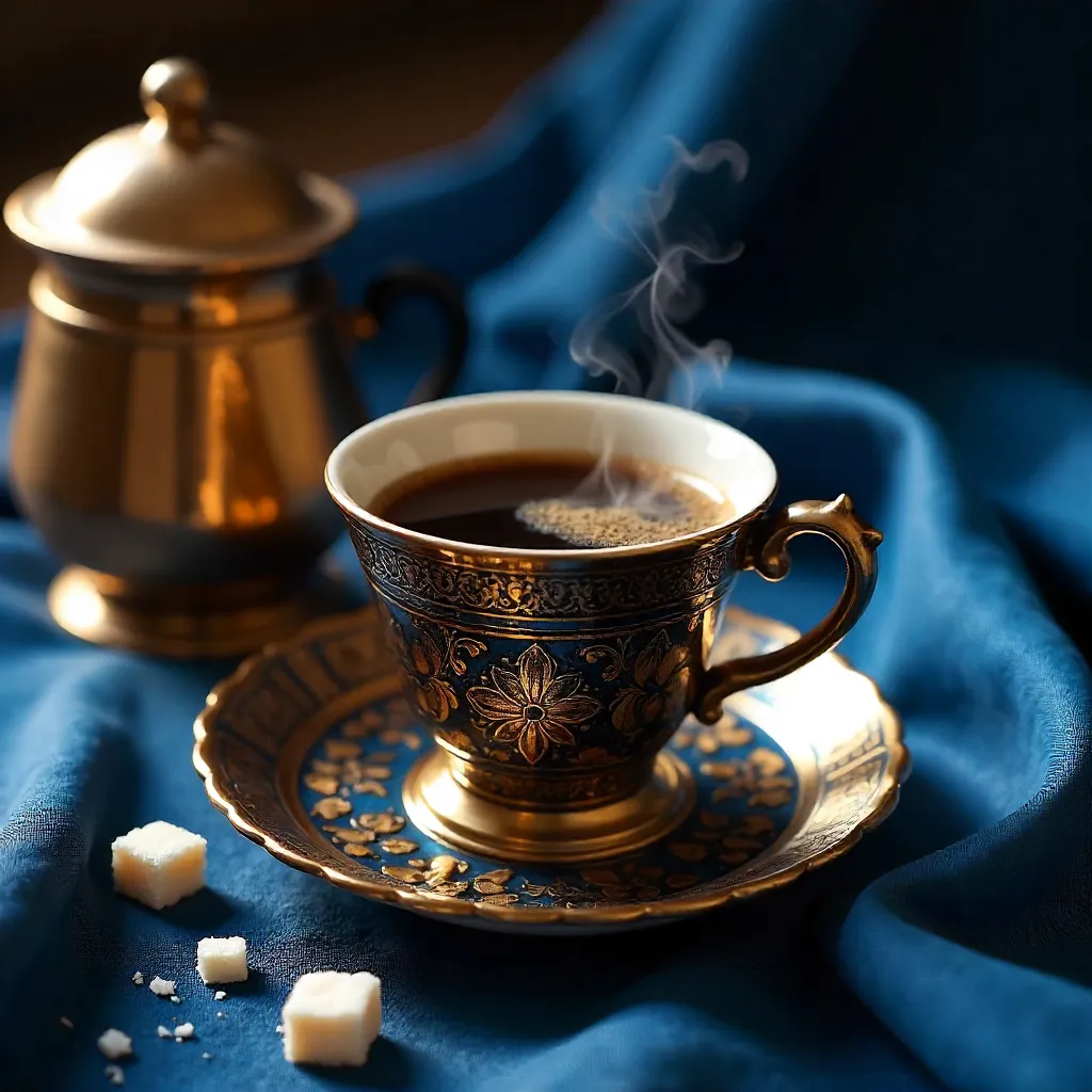 Ornate Turkish Coffee on a Rich Blue Cloth