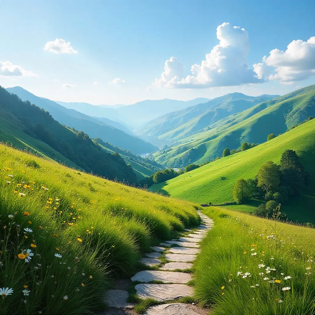 Bidarray Green Hills and Misty Valleys Under Blue Sky