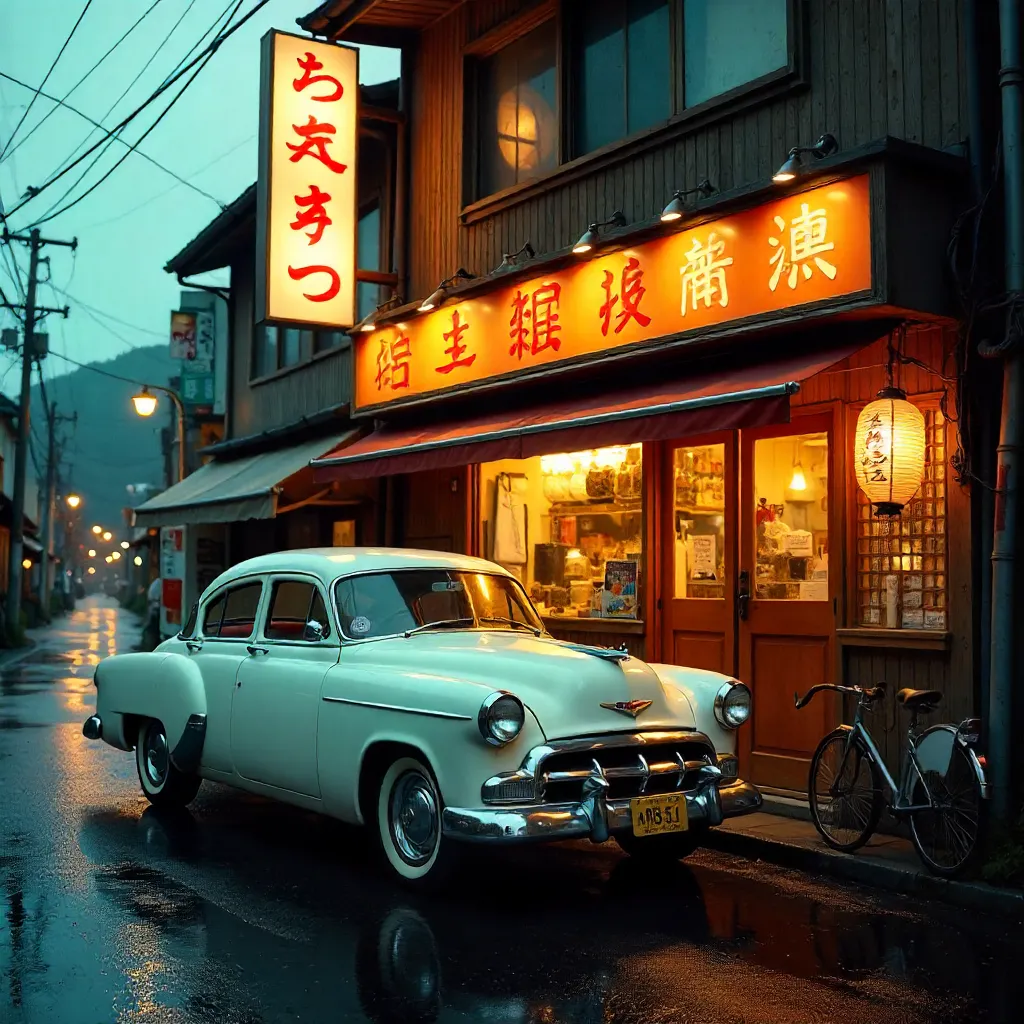 Showa Nostalgia: White Classic Car Before a Vintage Japanese Shop