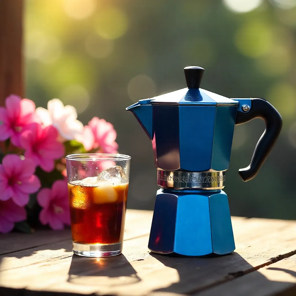 Elegant Blue Moka Pot with Iced Coffee and Azaleas