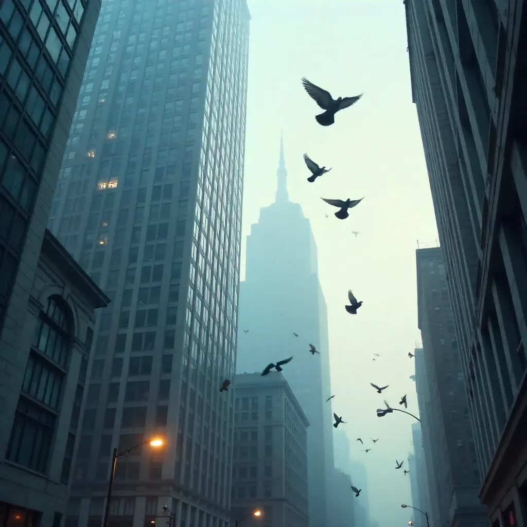 Urban Serenity: Pigeons Over a Foggy Skyscraper