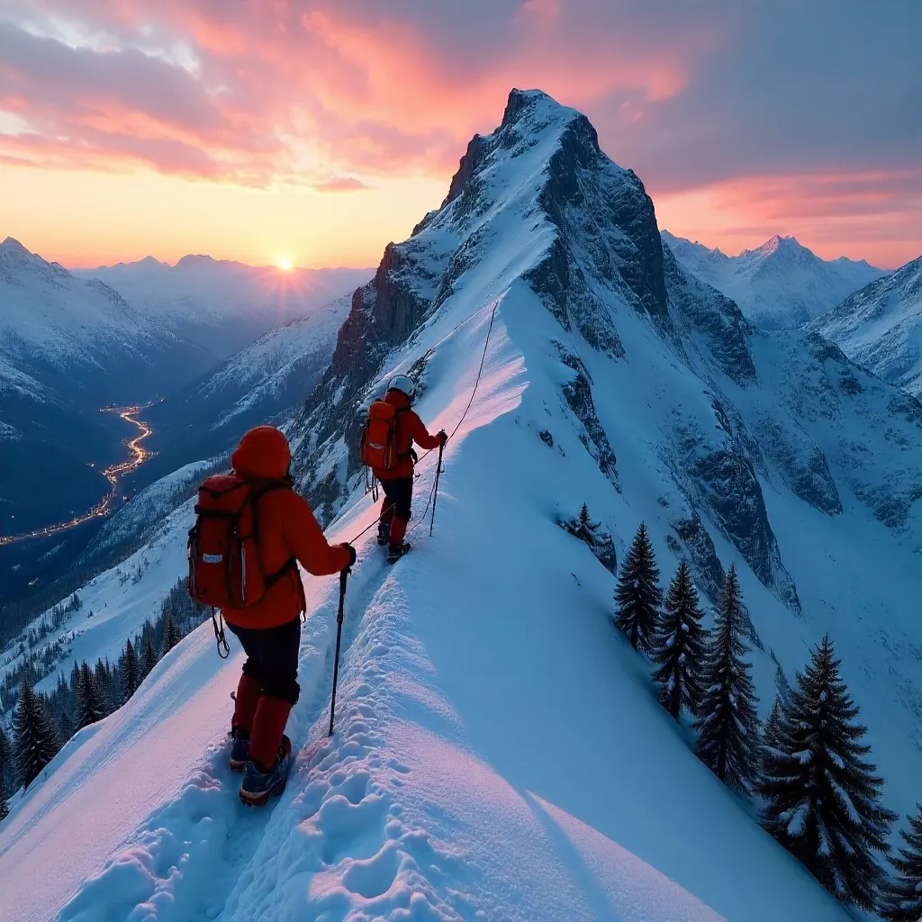 Dusk Climbers on a Snowy Peak in Shkodër County