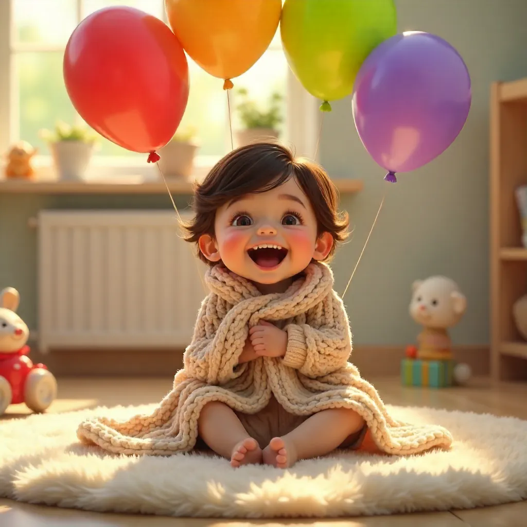 Joyful Child Amid Balloons Wrapped in Cozy Fabric