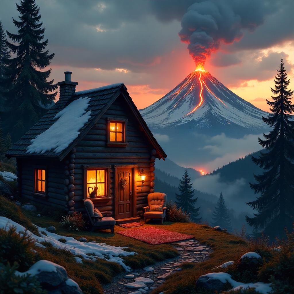 Volcano at Twilight Over a Cozy Cottage