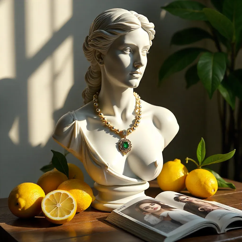 Marble Bust with Jewelry Amid Lemons and Magazine