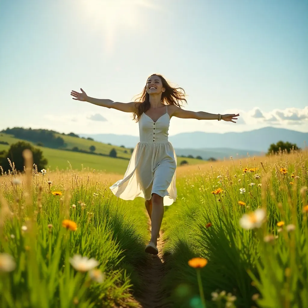 Woman in White Running Free Across a Meadow