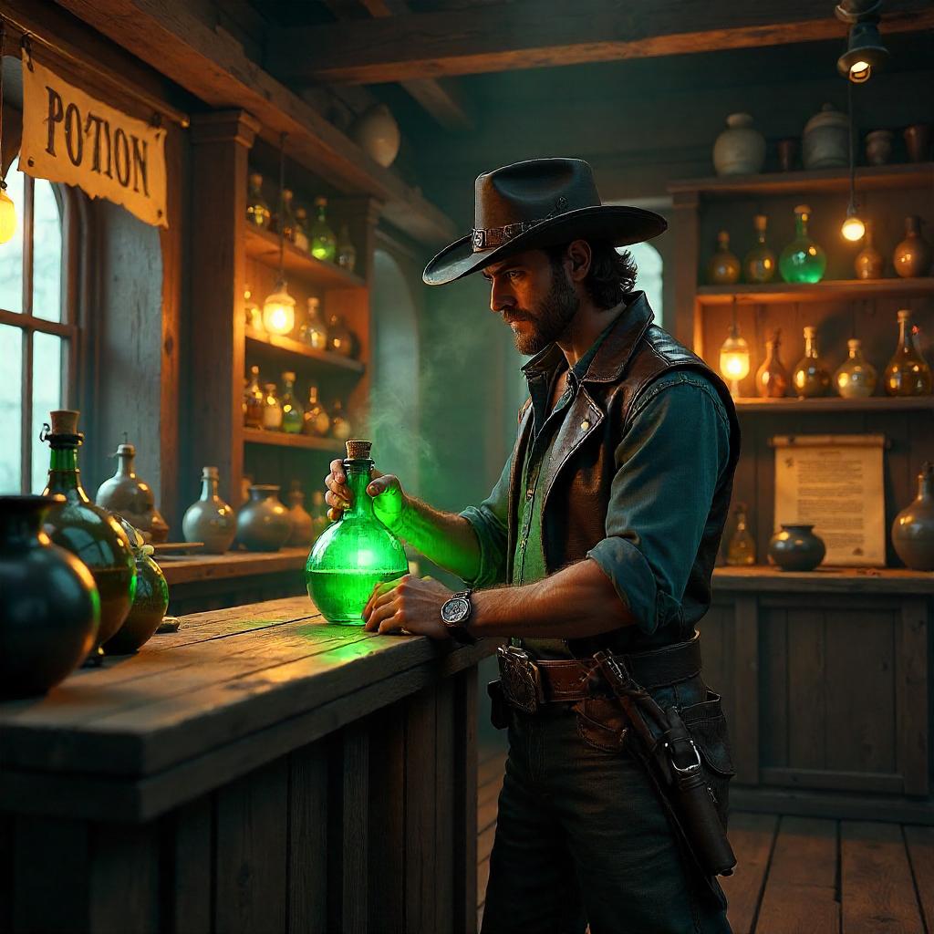 Rugged Cowboy in a Potion Shop — 3D Render