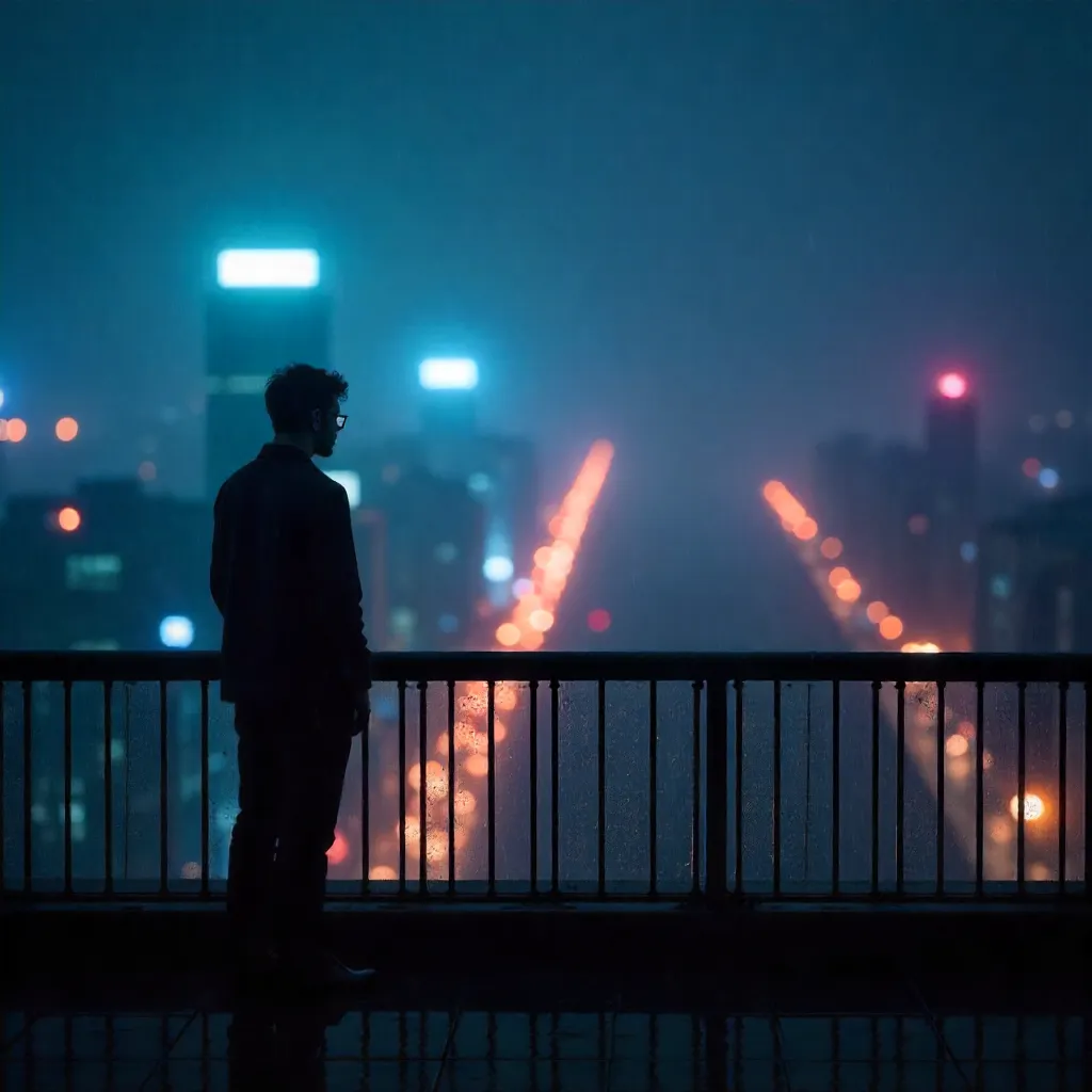 Silhouette Over a Blurred Cityscape at Night