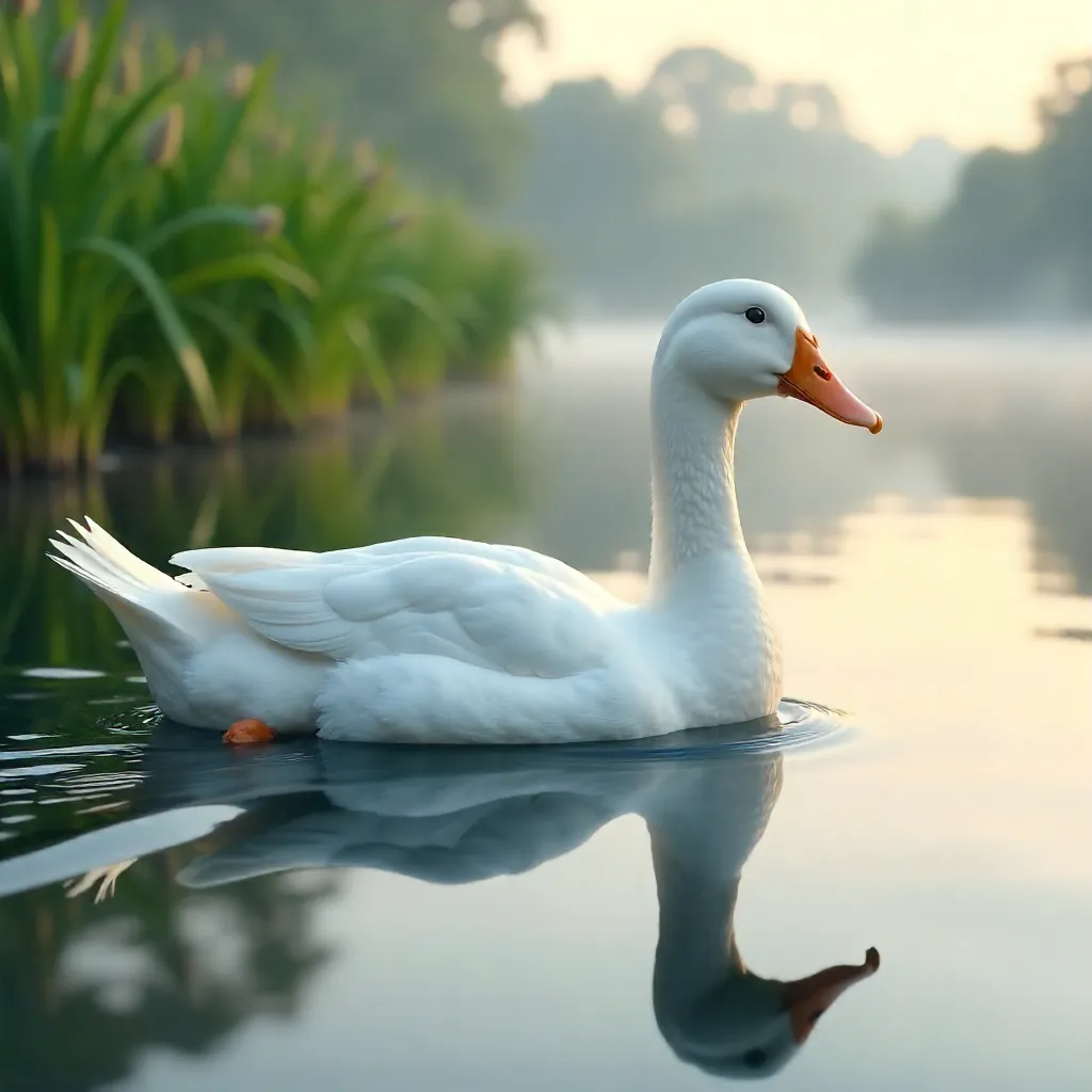 Reflection of a White Duck on a Serene Lake