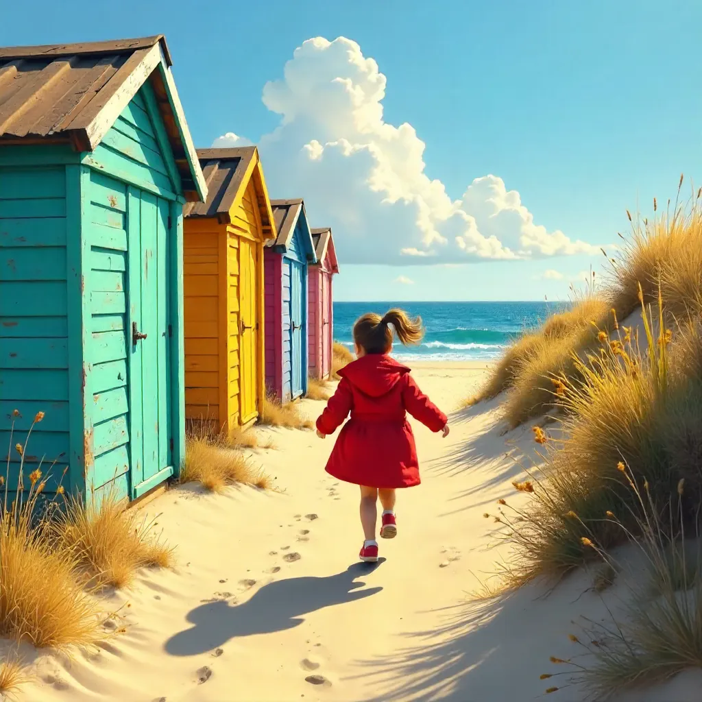 Red Coat Run Between Colorful Cabins in Saint-Pair-sur-Mer