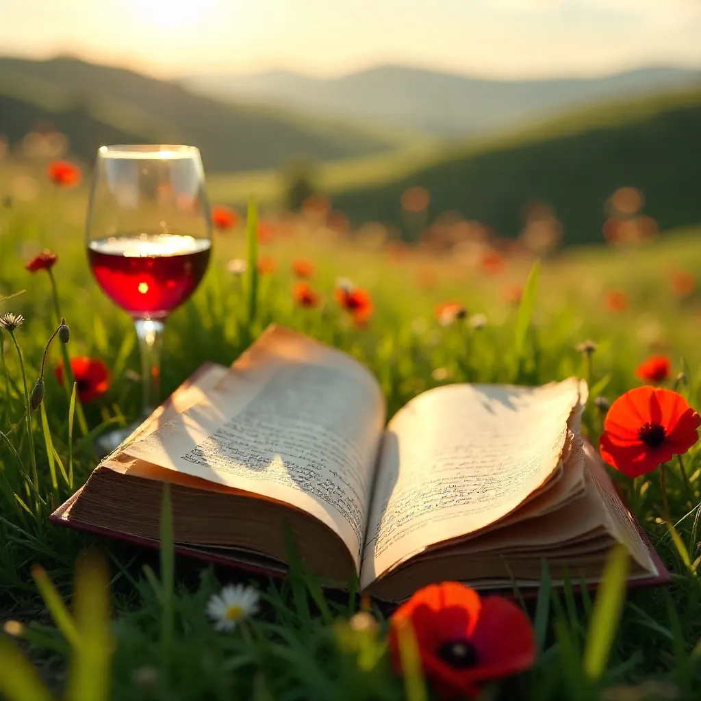 Romantic Meadow: Open Book, Wine Glass, Poppies