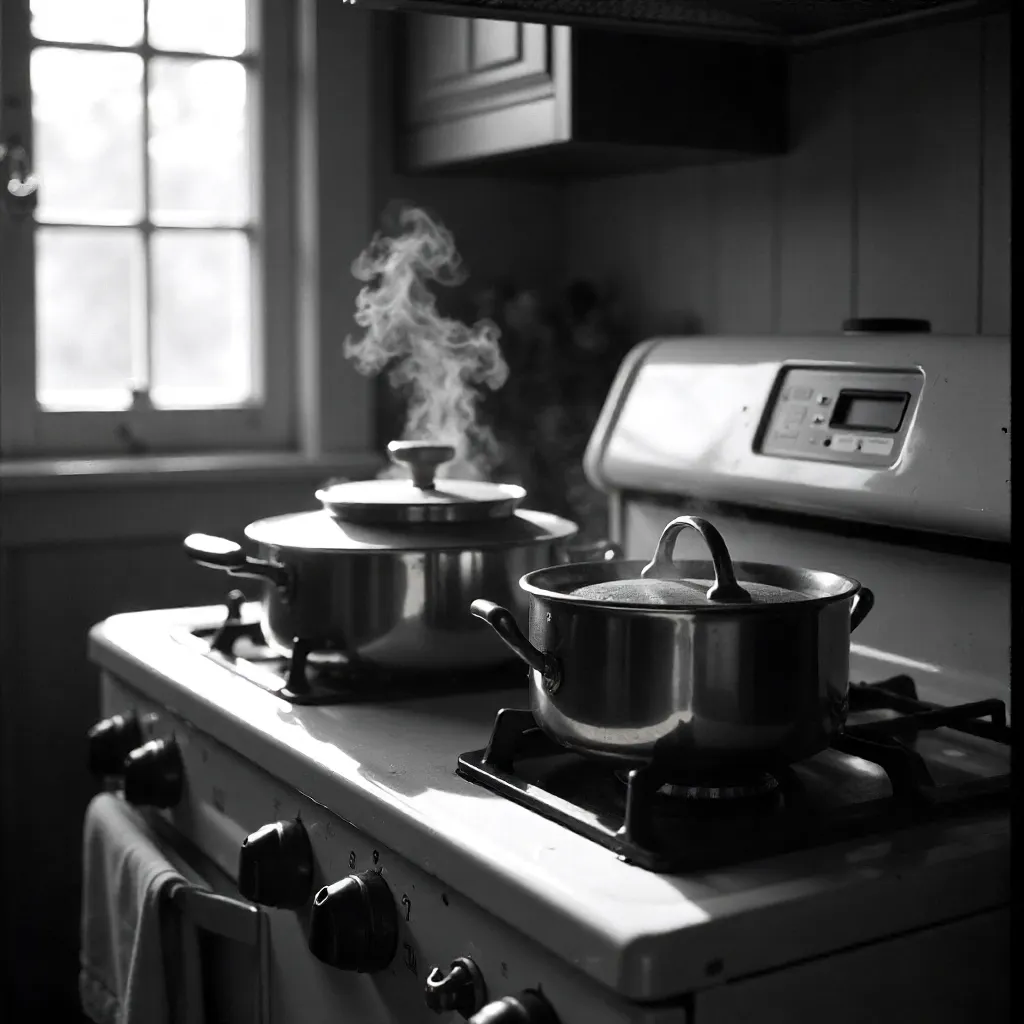 Warm Monochrome Stove with Pots and Steam