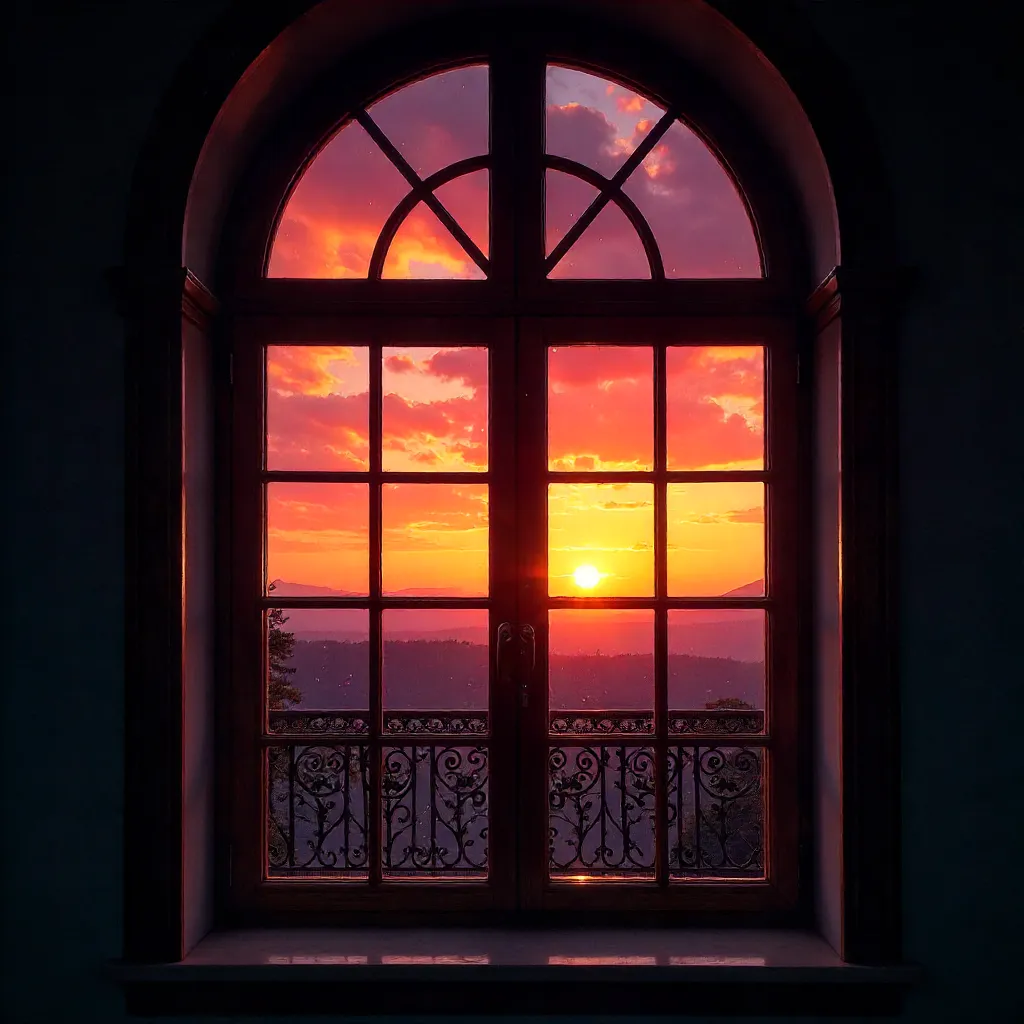 Sunset Reflections on an Arched Window with Iron Balcony
