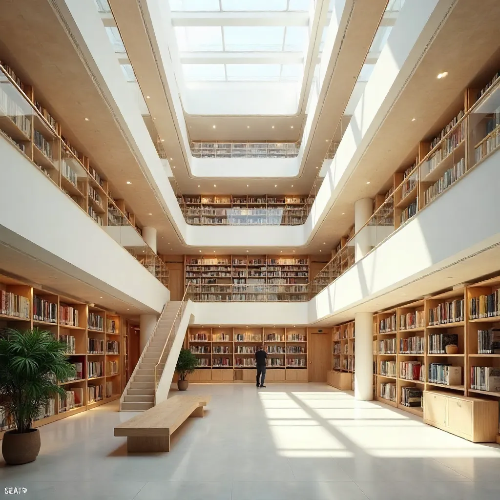 Multilevel Minimalist Library Atrium
