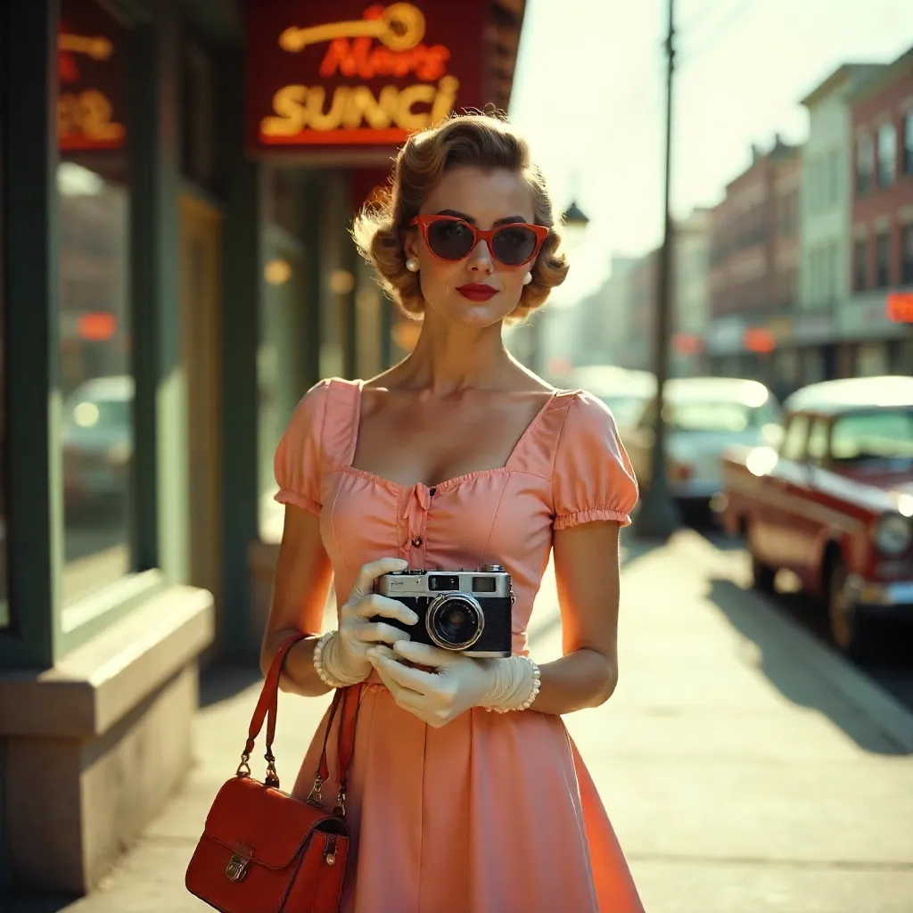 Retro-Chic Woman with Vintage Camera and Handbag
