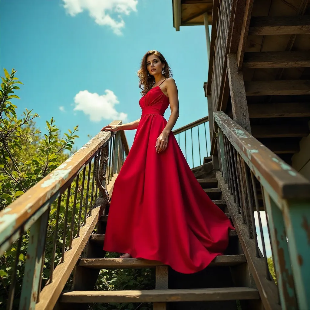 Bold Red Dress on a Rustic Outdoor Staircase