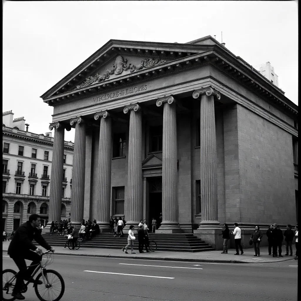 Monochrome Urban Scene: Classical Facade, Pedestrians, Cyclist