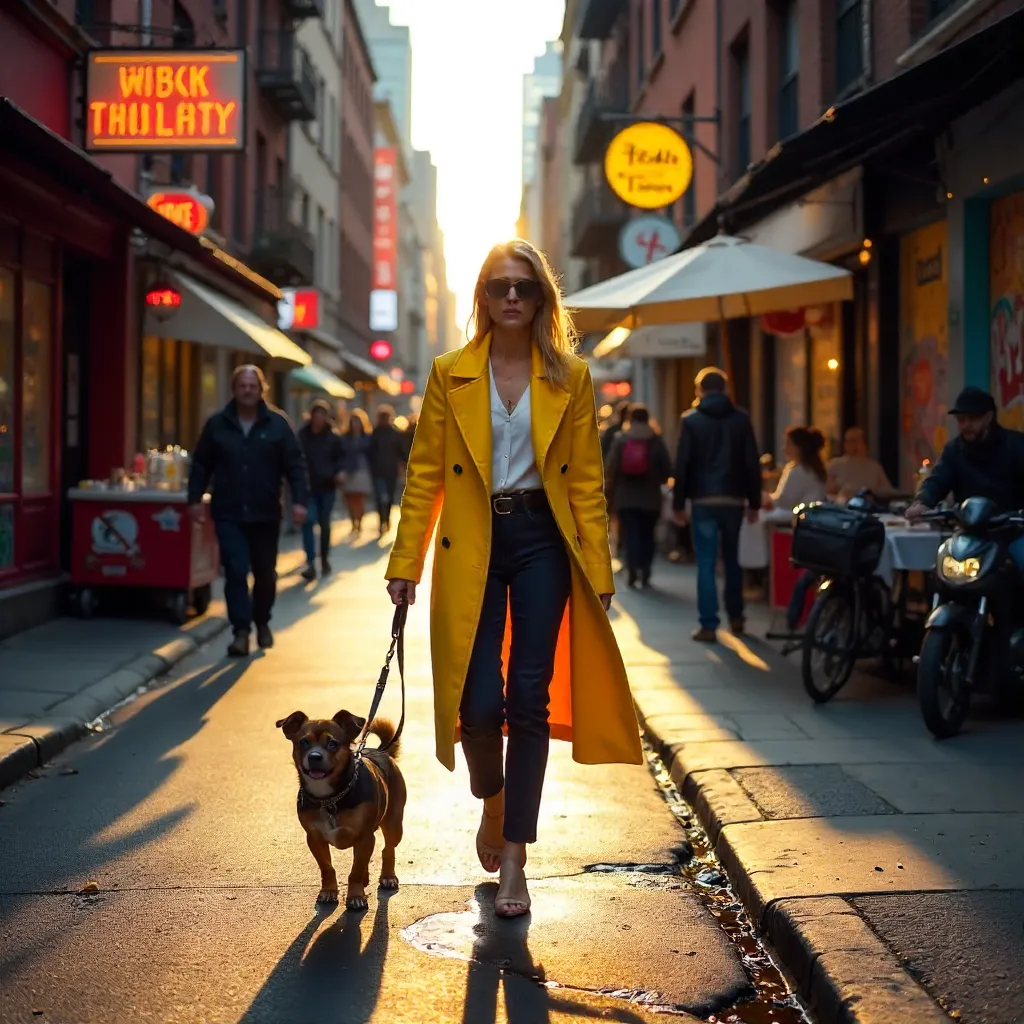Bright Yellow Coat on a Bustling City Street