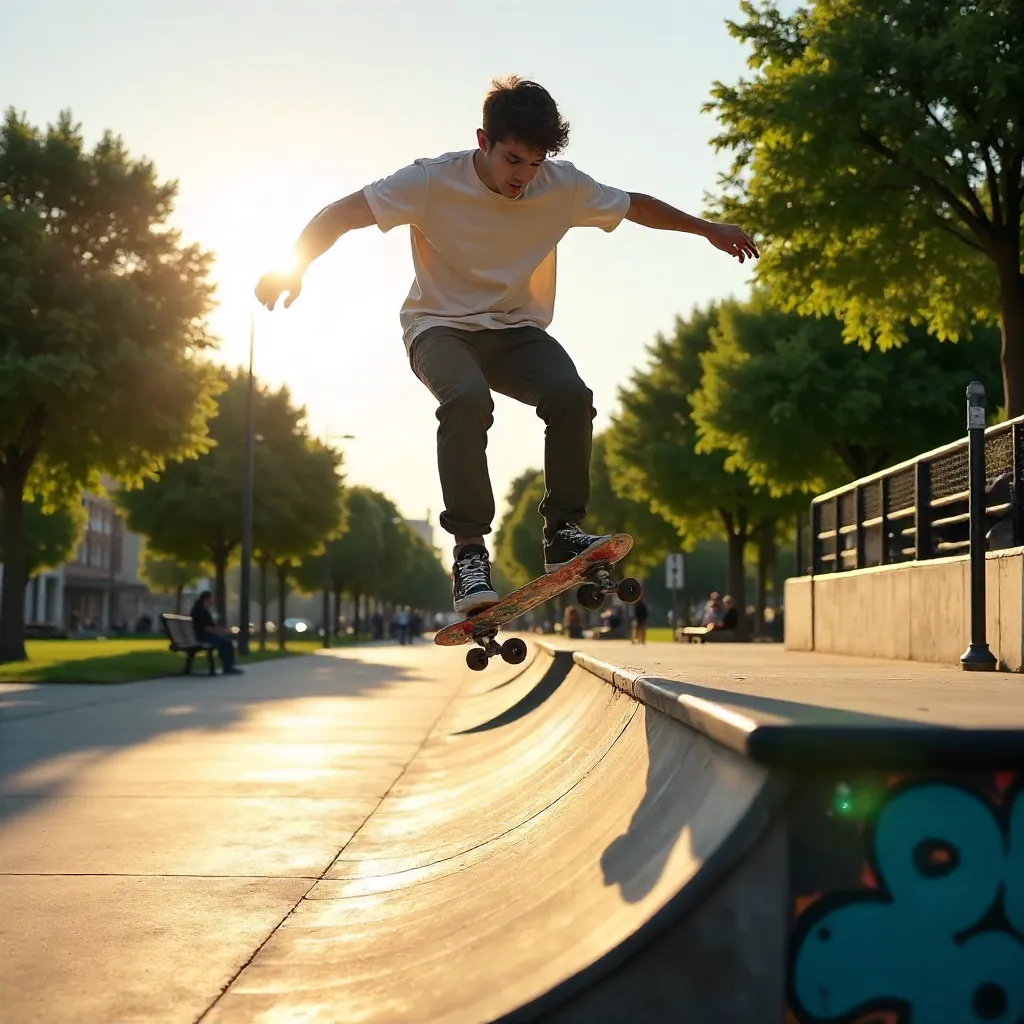 Sunlit Park Skateboarder Kickflip