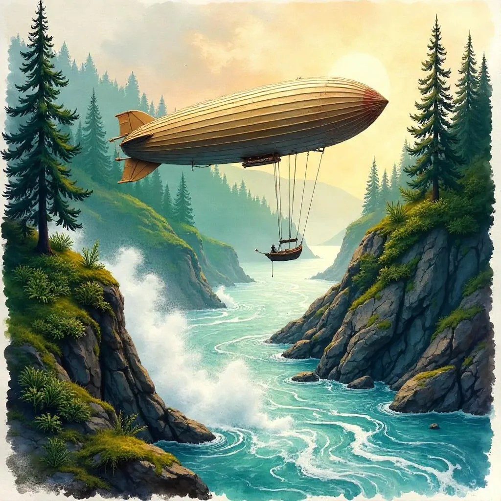Airship Over a Rushing River in Watercolor