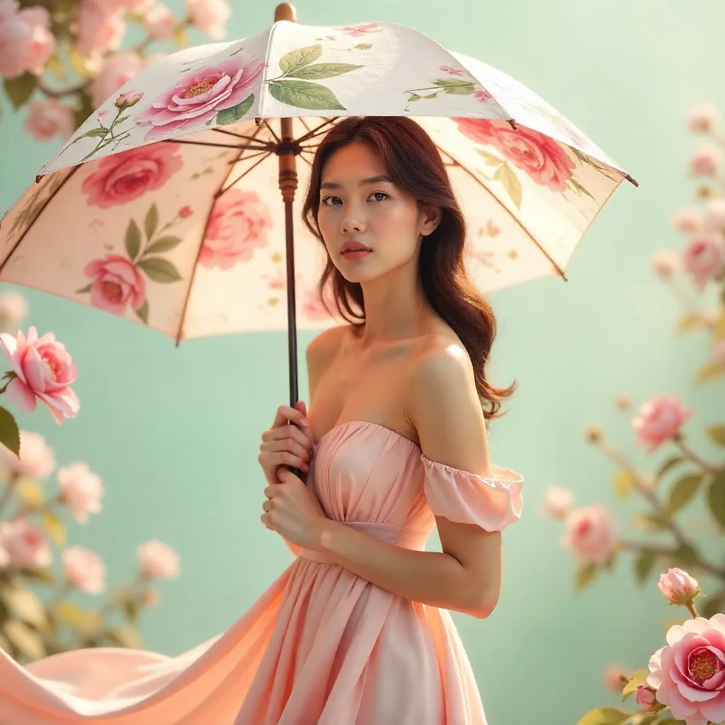 Floral Umbrella Editorial Portrait in Pink Dress