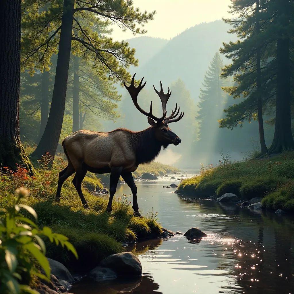 Elk by a Serene Smoky Mountain Stream near Gatlinburg