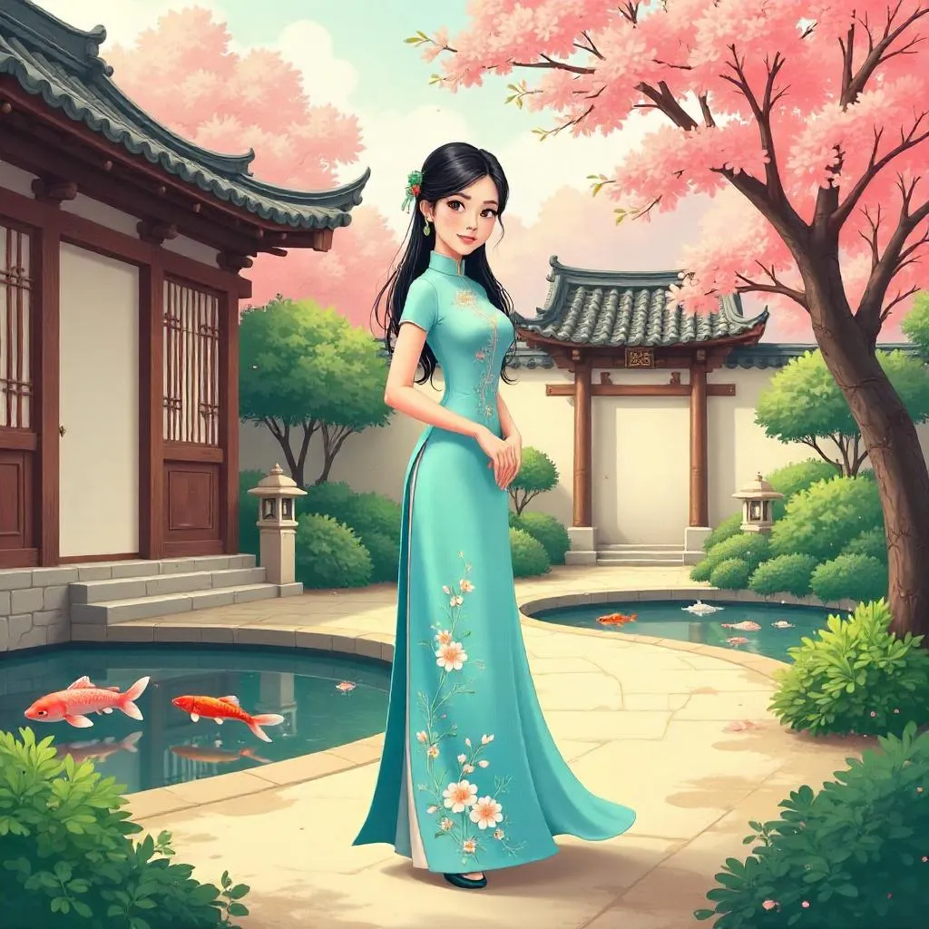Elegant Asian Woman in a Courtyard — Cartoon Scene