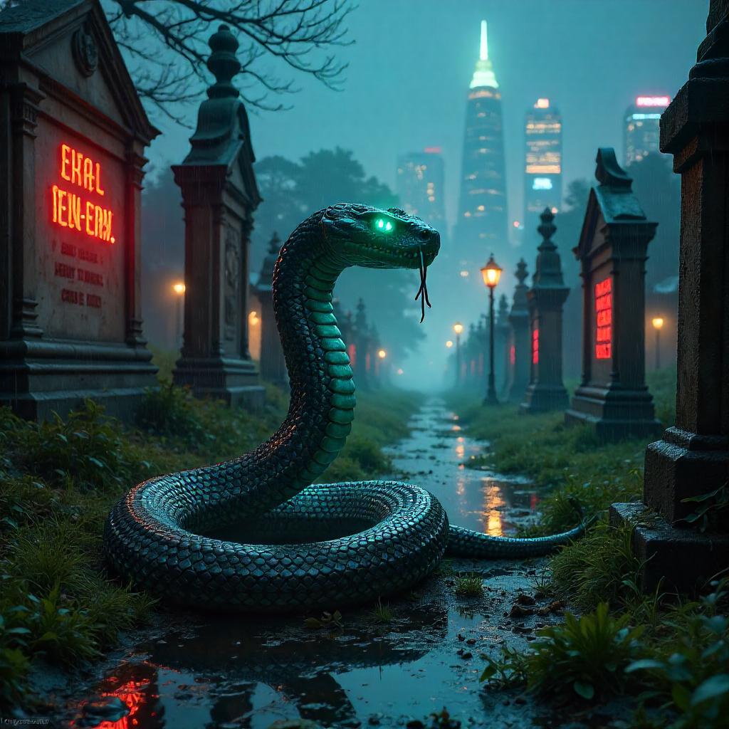Neon Serpent in a Cyberpunk Graveyard