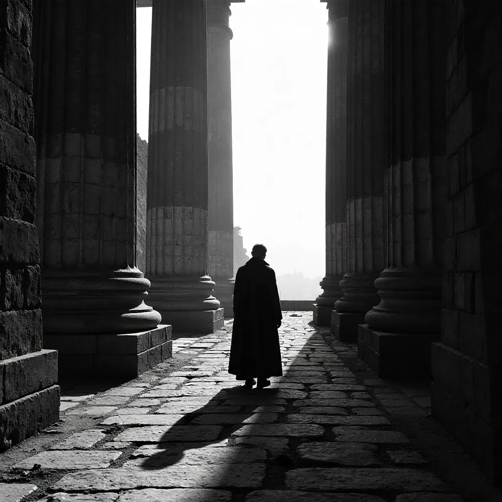 Lone Traveler Between Ancient Pillars