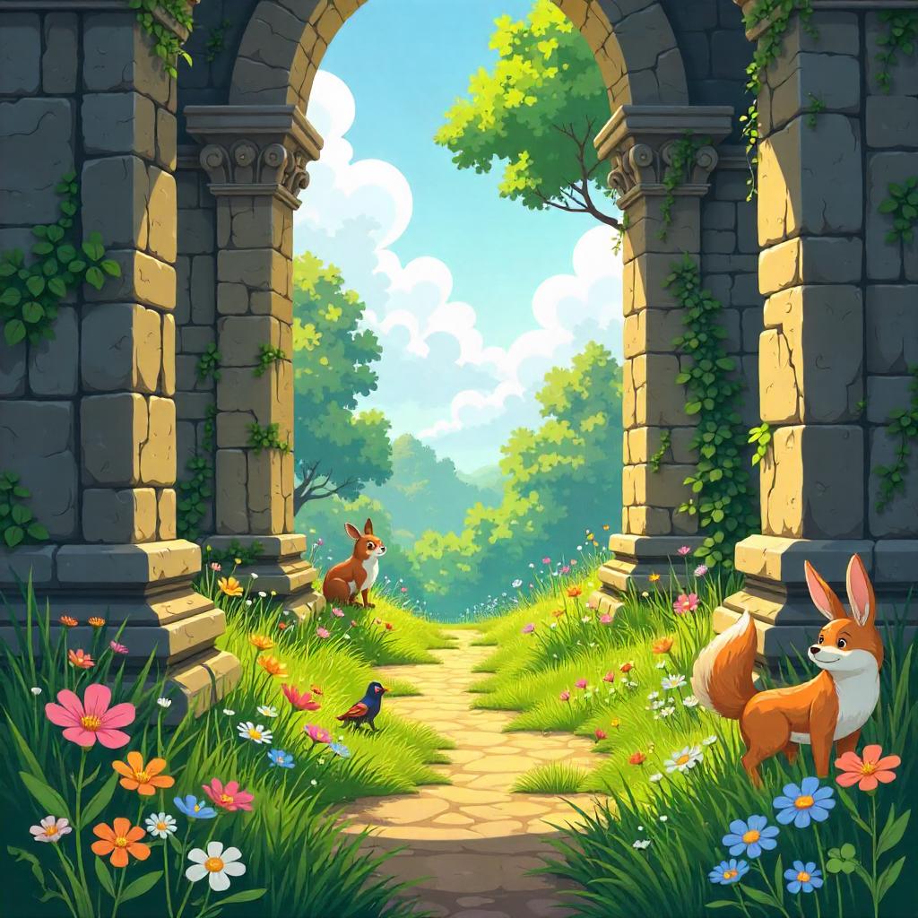 Whimsical Meadow Inside Ancient Temple Ruins