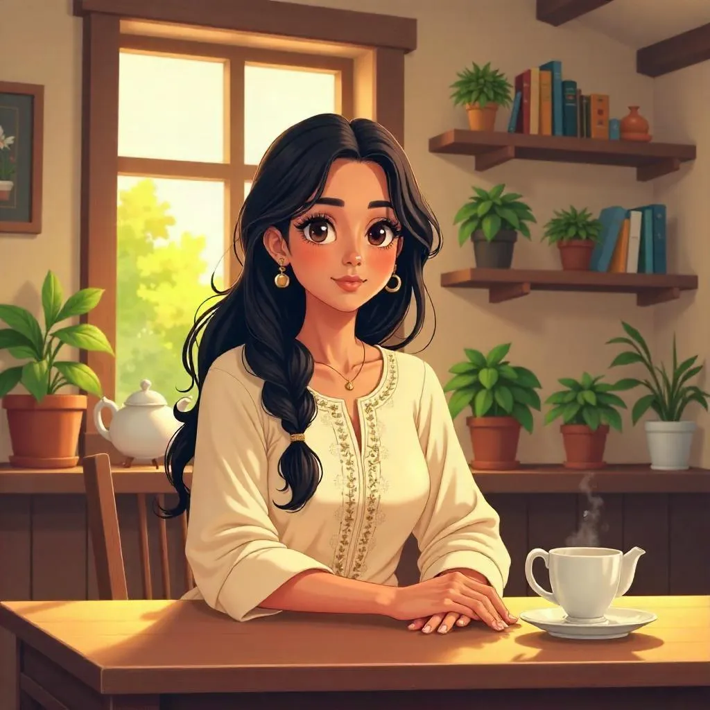 Cozy Cottage Portrait of a Young Indian Woman in Anime Style
