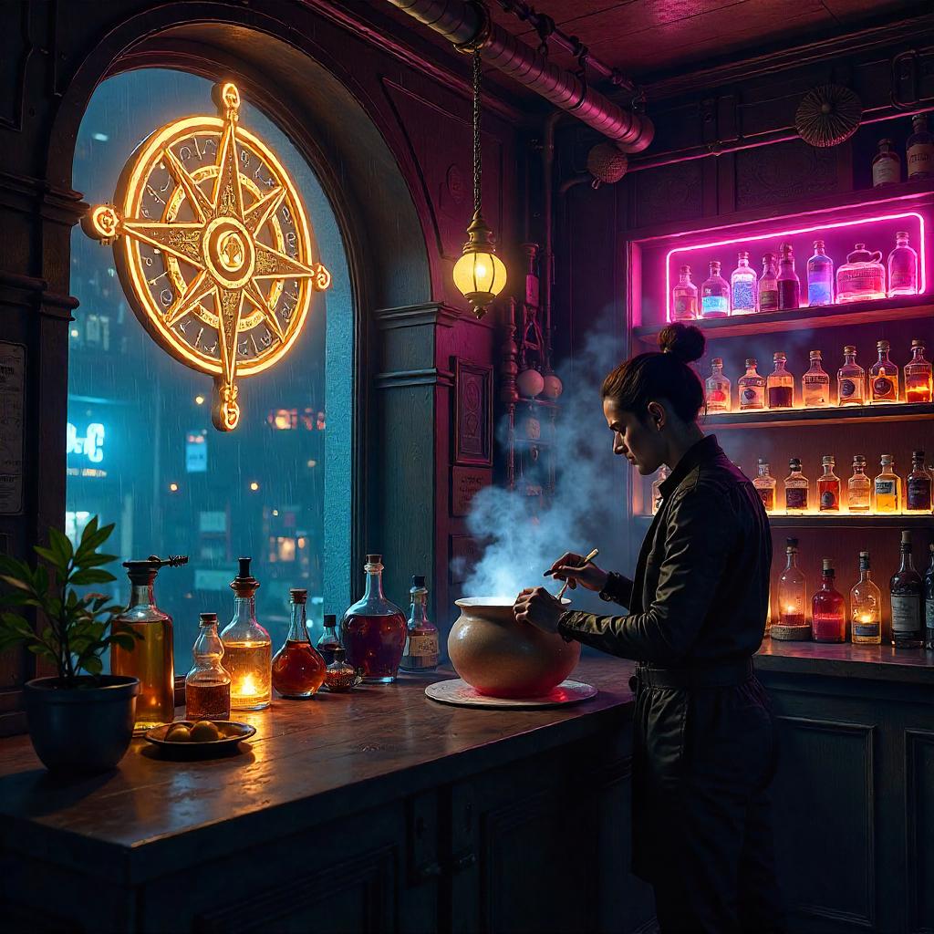 Celestial Compass in a Neon Potion Shop