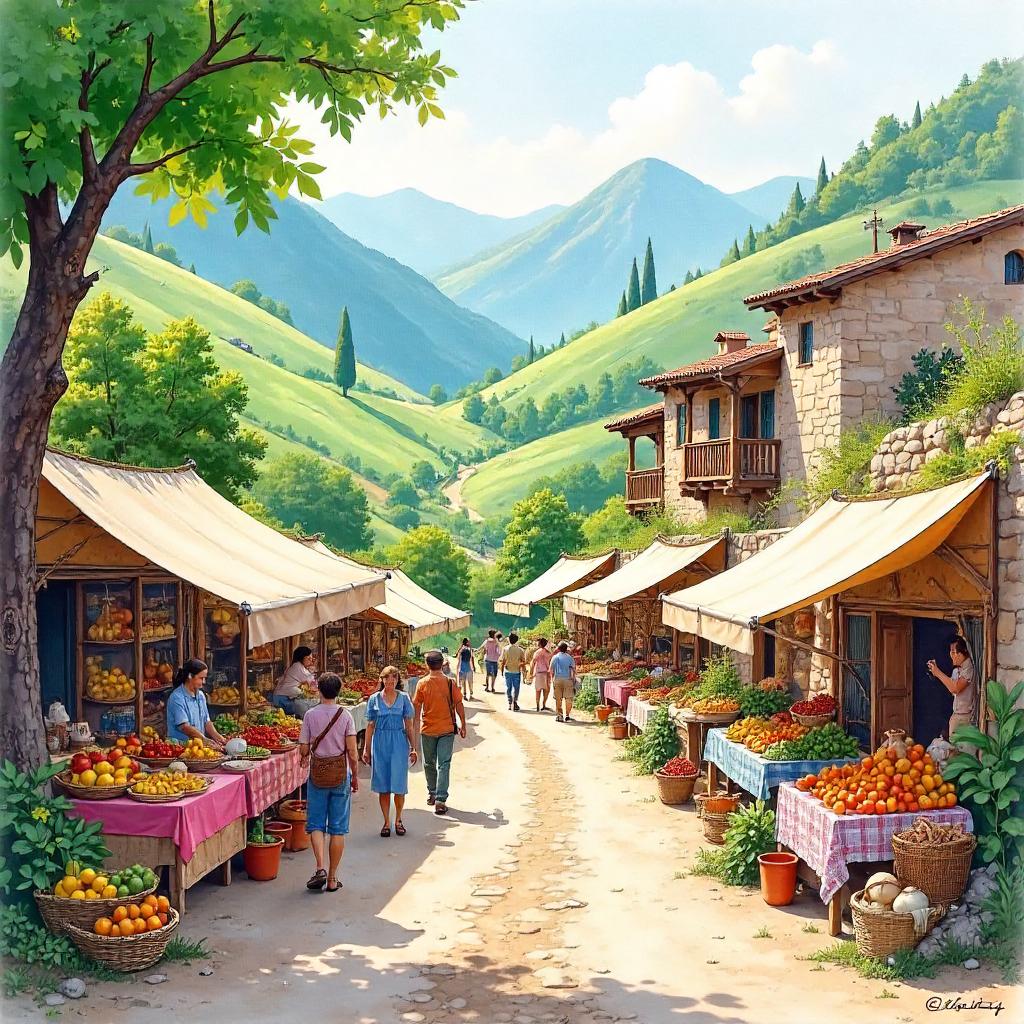 Watercolor Valley Marketplace Under Misty Peaks