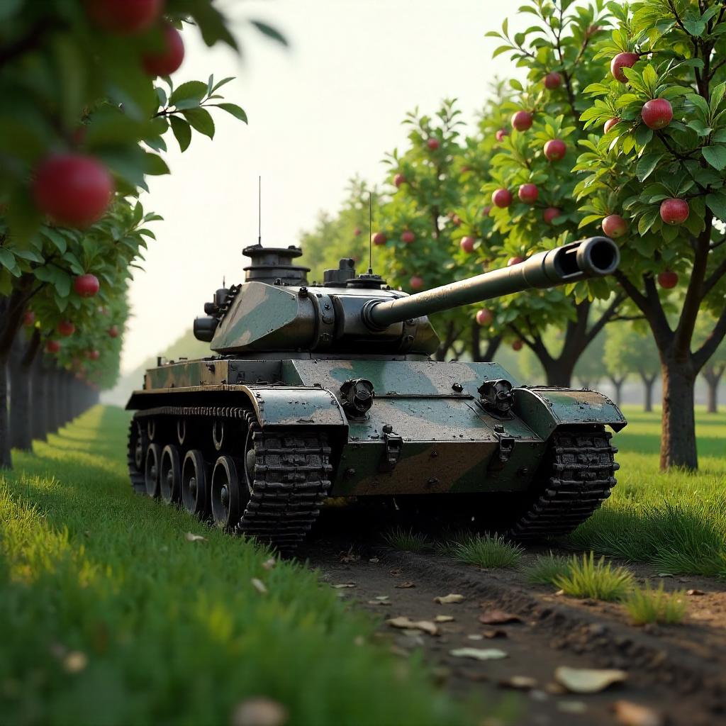 3D Rendered Tank in an Orchard