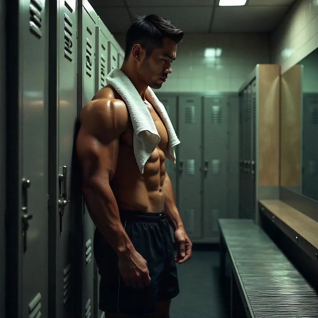 3D Render: Strong Asian Man in Locker Room