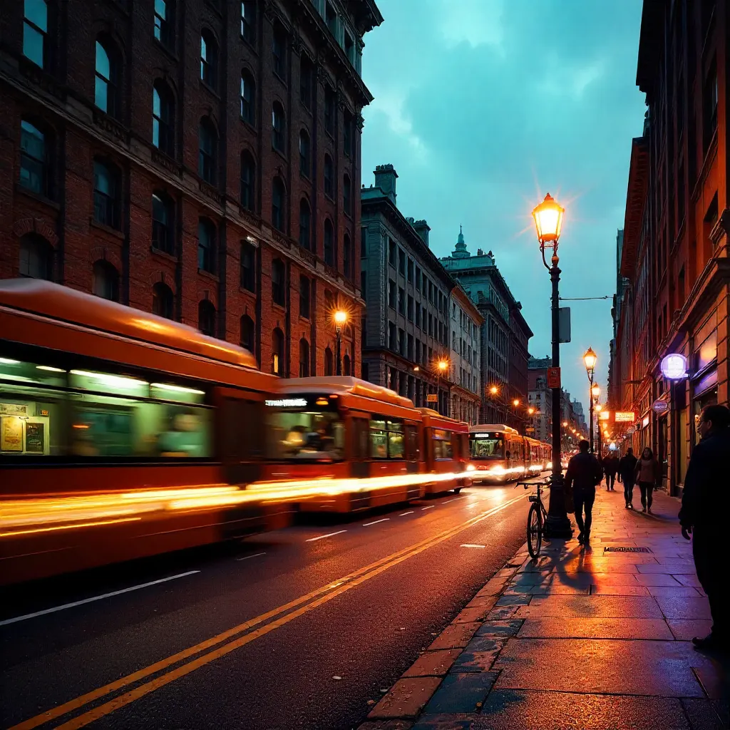 Motion Blur of Buses by a Historic Brick Building