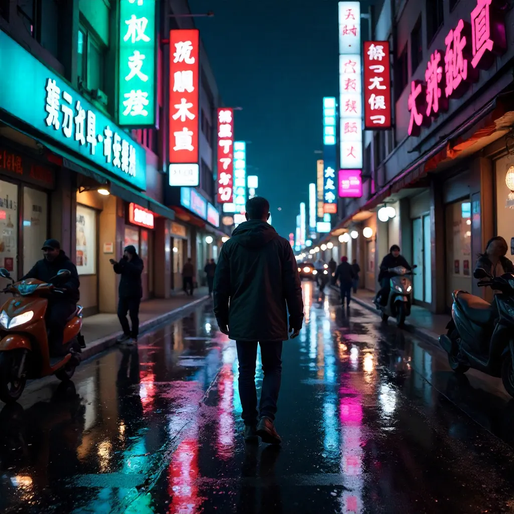 Nighttime Neon Wanderer Through Vibrant City Streets