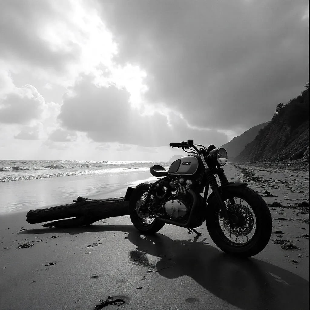 Monochrome Beach Driftwood and Motorcycle