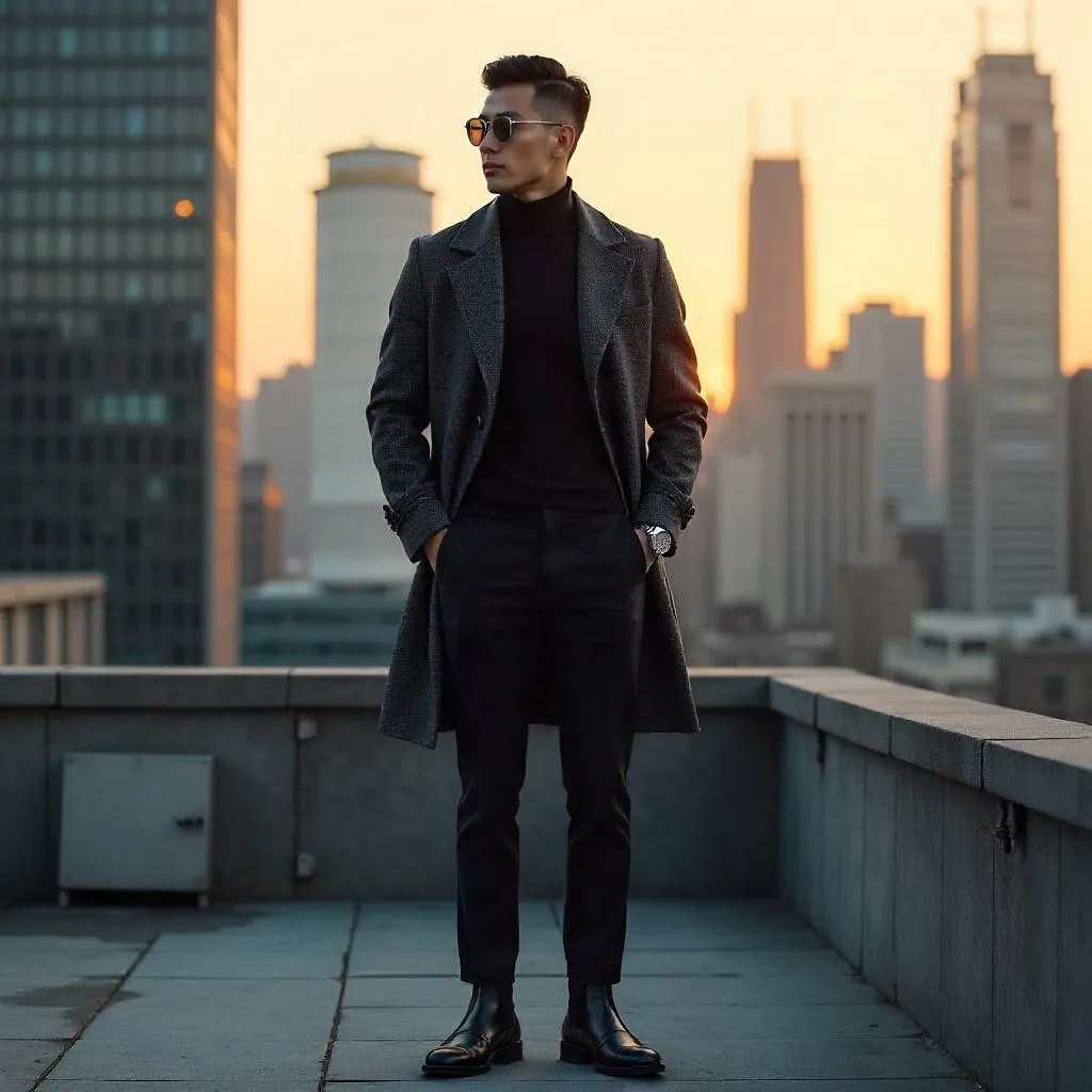 Urban Rooftop Photo: A Stylish Asian Man in Photorealism