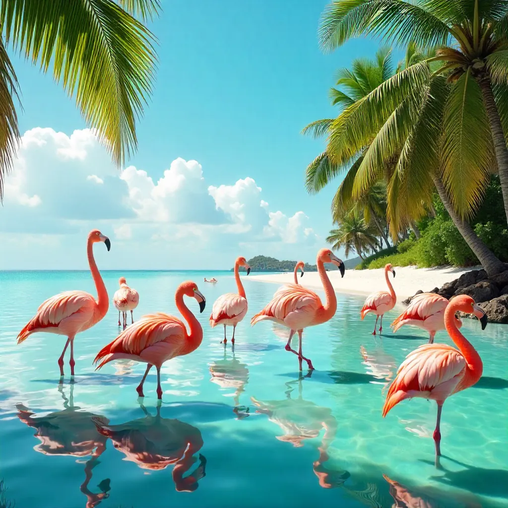 Vivid Flamingos Resting under Bright Sun