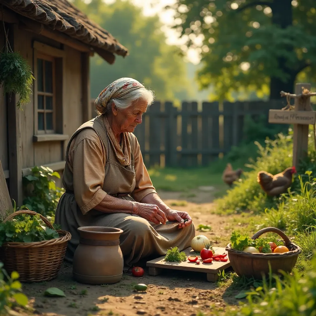 Elderly Rural Grandmother Preparing Vegetables Outdoors